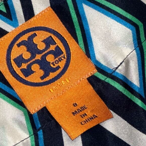 2000s TORY BURCH SILK Fish Print Blue/Turquoise embellished Kaftan Dress size 8 - Picture 7 of 9